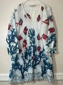 Soft Surroundings Womens L Beachy Vacation Cover Up Coastal Fish‎ Reef Pintuck