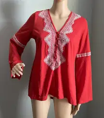 Bell Sleeve Burnt Orange With White Embroidery Long Sleeved Blouse M