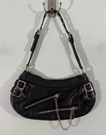 Vintage 90s / Y2K Roxy Black Leather Metal Chain Detail Mini Shoulder Bag