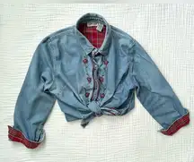 *Vintage* Cabin Creek denim/chambray embroidered button down-Size Large Petite