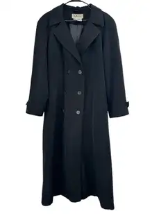 VTG Talbots Long Trench Coat Size 14 Black Belted Storm Flap Business Classic