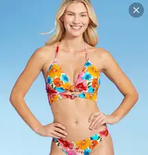 Women's Lightly Lined Longline Double Knot-Front Bikini Top Pink Floral