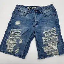 Machine Nouvelle Mode Jeans Distressed Long Shorts w/Fringed Lower Edge Size 27