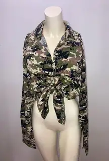 SKIMS Size XS Long Sleeve Button Up Swim Cover Up Logo Camo Army TP-SHR-3493 NWT