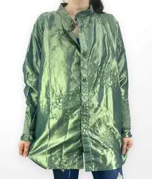 00s Vintage Green Chrome Embroidered Sequin Long Sleeve Button Up