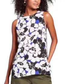 Floral Print Sleeveless Blouse Tank Top White Black Blue Size Small