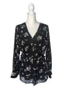 Lane Bryant Womens Blouse Black Floral V Neck Long Sleeve Plus Size