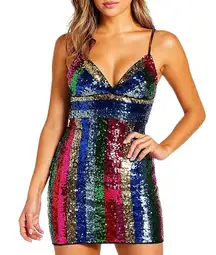 Revolve ENTRY Multicolor Rainbow Sequin Cocktail Mini Dress Small Party Club
