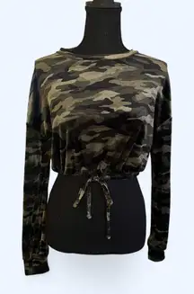 Velour Green camo long sleeve crop top with drawstring Size Small