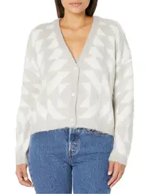 Obey grey & white v-neck triangle patterned cardigan sweater Small academia #749