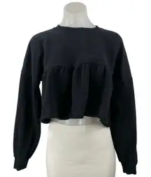 Zara Women's Black Long Sleeve Crew Neck Knit Boxy Ruffle Sweatshirt Top Size M