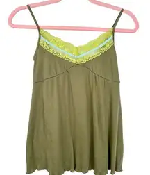 Y2K Lace Trim Cami with Beads Green