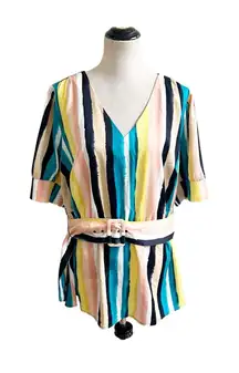 Lane Bryant NWT Short Sleeve Blouse Multicolored Striped Belted Artsy Beachy