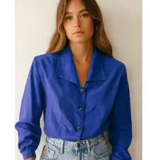 Vintage Cobalt Blue Satin Blouse Rhinestone Buttons Timeless Effortless Elegance
