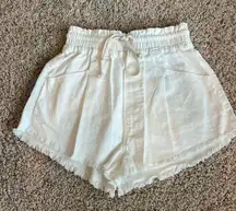 White Cinch Waist Denim Shorts