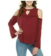 True Craft  Womens Juniors Top Size XS Ruffle Cold Shoulder Knit Red Crimson NEW