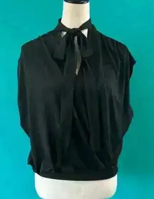 Zara Woman Black Secretary Bow Short Sleeve Faux Wrap Pullover Blouse Size S