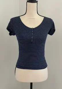 Forever 21 Striped Henley Snap Shirt‎ Small Navy Blue Crew Neck Layering Tee Y2K