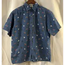 Vintage Womens Denim Shirt S/M Chickens Roosters Button Up Short Sleeve Cotton