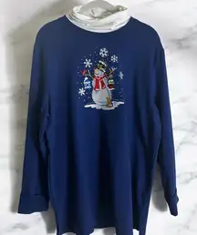 Quacker Factory Blue Holiday Snowman‎ Winter Turtleneck Sweatshirt L