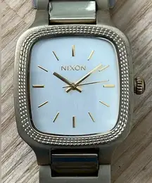 Nixon Novel The Shelley Watch Silver Rectangular Dial Gold-Tone Bracelet Markers