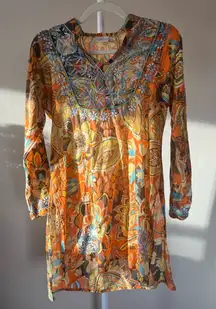 Indika Colorful Embroidered Paisley Floral Long Sleeve Tunic 100% Cotton