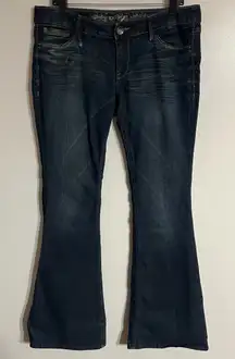 Women’s Express Stella Flare Low Rise Dark Wash Jeans Size 10 Flap Back Pocket