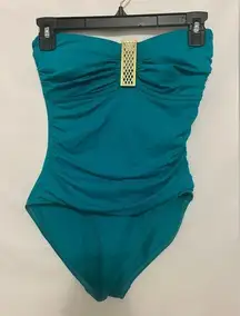 La Blanca Blue Gold Medallion Halter Ruched One Piece Swimsuit Size 6‎