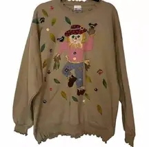 Vintage 90s Dated Autumn Fall Scarecrow Sweater Scallop XL Hanes 3D Patchwork