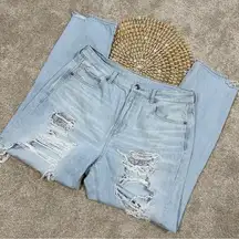 American Eagle Heavily Distressed Mom Jeans High-Rise Light Wash Blue Size 8