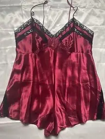 Vintage Victoria’s Secret Gold Label Satin Romper Bodysuit Teddy Burgundy Lace