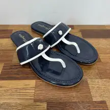 J Mclaughlin Leslie Sandal 8.5 Navy‎ Patent Leather Thong Summer Nautical Strap
