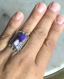 NEW Purple Dahlia Turquoise Square Sterling Silver Scalloped Ring Size 7.5