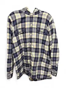 L.L.Bean women's fleece-lined flannel shirt jacket in a blue plaid pattern