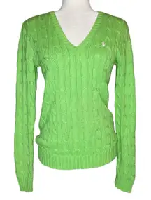 Polo Ralph Lauren S 100% Cotton Cable Knit V-Neck Sweater Kelly Green Pony Logo