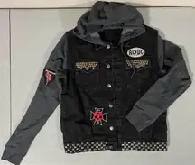 AC/DC ‘Back in Black: 1980’ Studded Spiked Patches Denim Jean Hoodie Sweatshirt Sweater Jacket Size S ⚡️