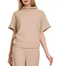 Zenana Women’s Light Mocha Waffle Knit Mock Neck Lounge Top Sz L