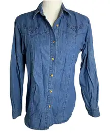 Vintage 80s Wrangler Western Shirt M Blue Denim Chambray Embroidered Button 46PE