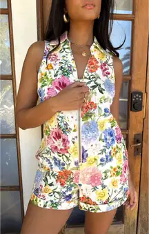 Show Me Your Mumu Reno Romper in Ivory Botanical Floral Denim M NWT