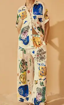 Commense Satin Graffiti Lapel Pants Set size small