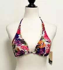 Quintsoul Ivory Lace Trim Floral Sliding Triangle Bikini Top NWT Small Purple