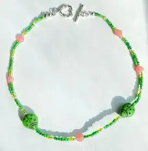 unique quality heart & green ladybug Czech glass bead necklace/choker 💚