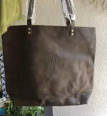 Deep Chocolate Brown tote bag with a monogram on the front,