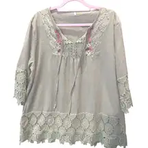 Plus Size 3XL Boho Embroidered Lace Trim Tunic Top 3/4 Sleeve V Neck Beige