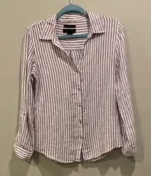 Tahari Women’s Small Navy Blue and White Striped Linen Long Sleeve Shirt