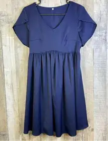 Unbranded Small Navy Blue V-Neck Fit & Flare Dress with Short Flutter Sleeves