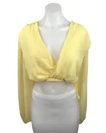 Missguided Yellow Deep V Long Sleeve Elastic Wait Cropped Blouse Top Size 4