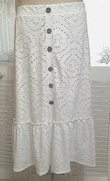 Cato White Button-Front Eyelet Maxi Skirt