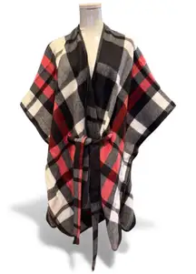 Anne Klein Plaid Belted Ruana Chic Wrap One Size Red Black Gray Preppy Cape Shawl  