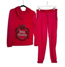 Juicy Couture Y2K Pink Velour Rhinestone Embellished Tracksuit Jacket Pant Set M